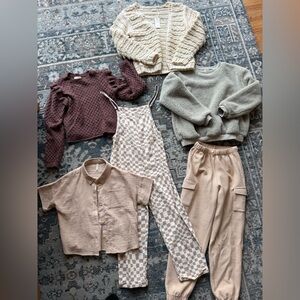🌾 Rylee + Cru Neutral Bundle | Cardigan, Sweaters, Overalls, Joggers size 10-12